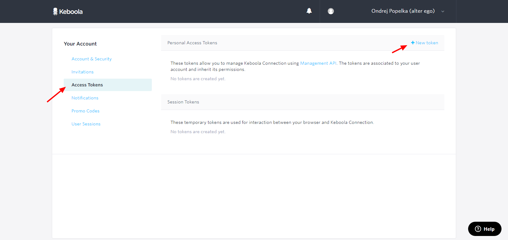 Screenshot -- Manage Tokens